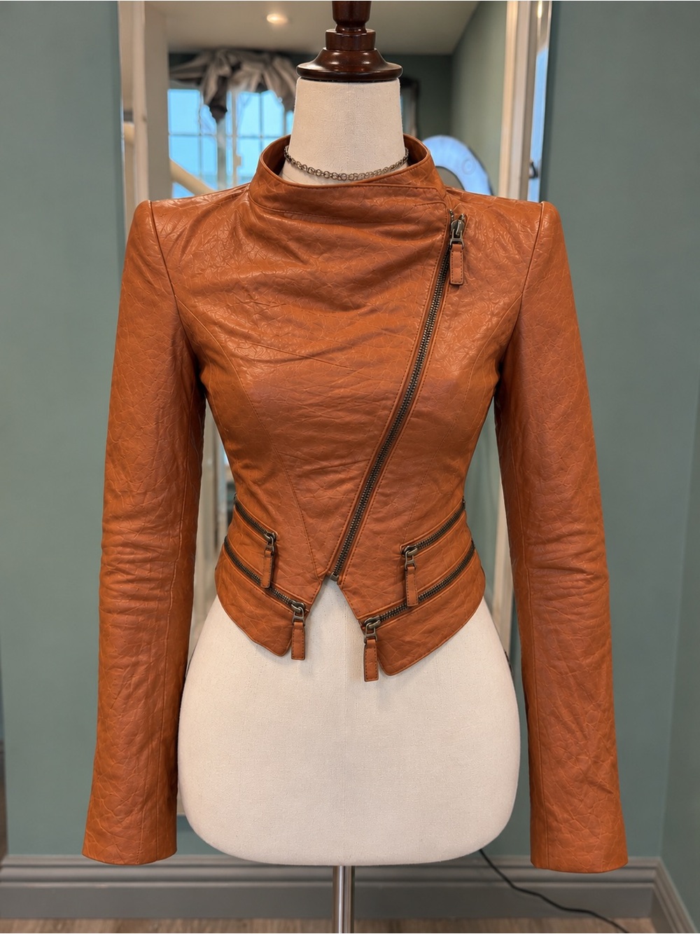Vero Moda Classic Lambskin Leather Cropped Asymmetrical Zip Moto Jacket Y2K XS